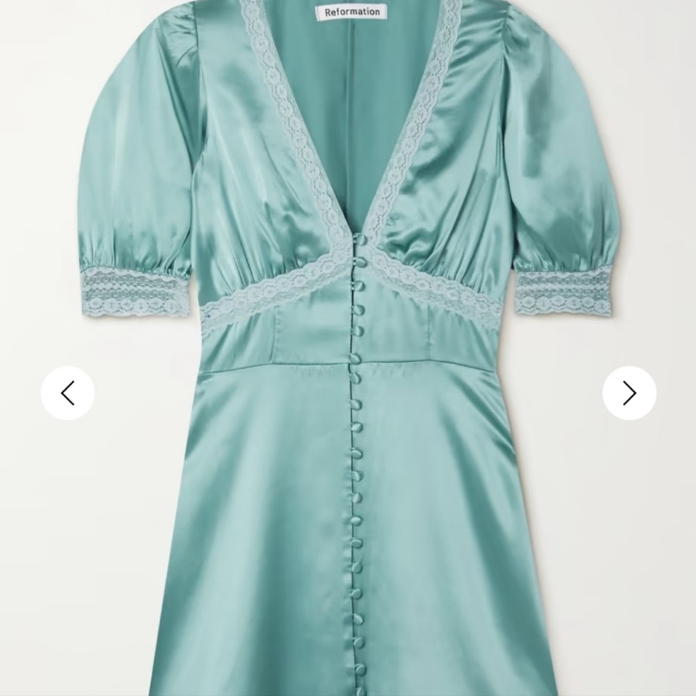 Reformation Birgitta Silk Mini Dress Verdigris - Picture 2 of 11